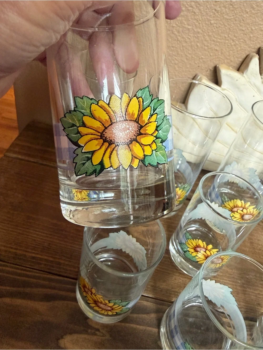 Corelle Vintage Sunflower Blue Plaid Print Drinking Glasses lot of 10!